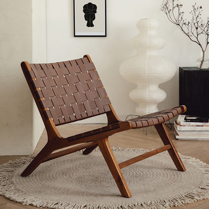 Traditional Rustic Faux Saddle Leather Solid Wood Rectangular Accent Chair Backrest Armless For Living Room