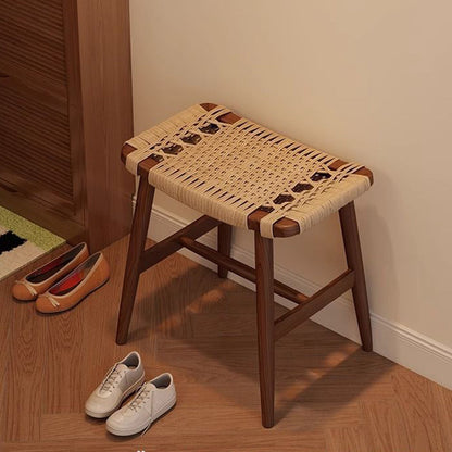 Traditional Rustic Rectangular Kraft Paper Rope Solid Wood Vanity Stool Backless Armless For Bedroom