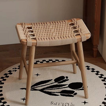 Traditional Rustic Rectangular Kraft Paper Rope Solid Wood Vanity Stool Backless Armless For Bedroom