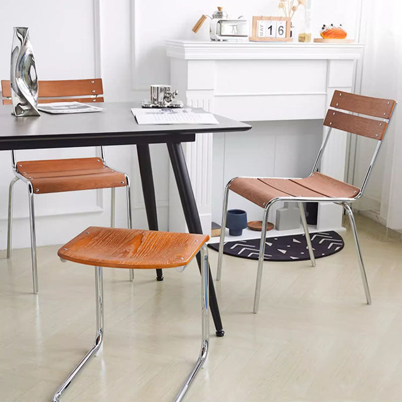 Modern Minimalist Rectangular Solid Wood Multi-Layer Plate Iron Stainless Steel Dining Chair Backrest Armless For Dining Room