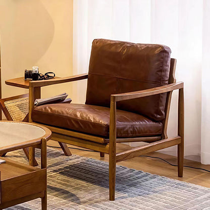 Traditional Vintage Rectangular Oil-Waxed Leather Solid Wood Accent Chair Backrest Armrest For Living Room