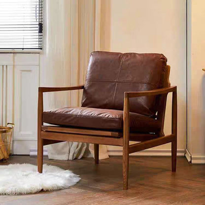 Traditional Vintage Rectangular Oil-Waxed Leather Solid Wood Accent Chair Backrest Armrest For Living Room