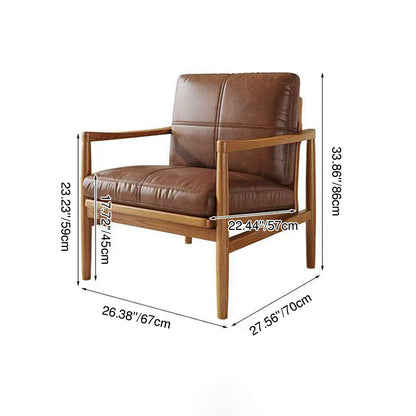 Traditional Vintage Rectangular Oil-Waxed Leather Solid Wood Accent Chair Backrest Armrest For Living Room