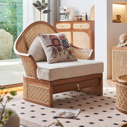 Contemporary Boho Curved Solid Wood Rattan Linen Accent Chair Backrest Armrest For Living Room