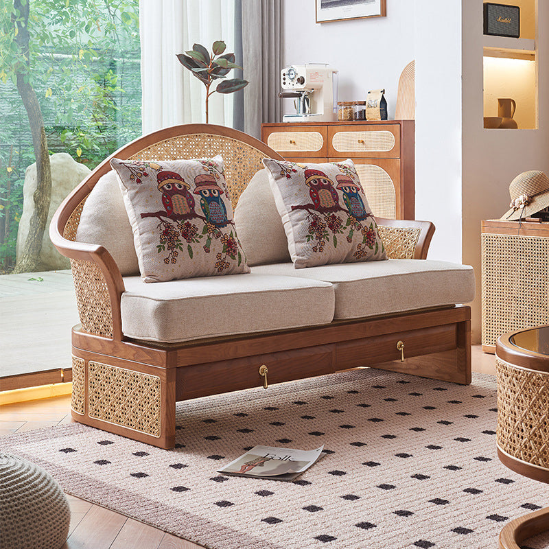 Contemporary Boho Curved Solid Wood Rattan Linen Accent Chair Backrest Armrest For Living Room