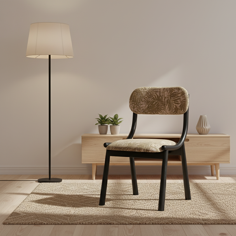 Traditional Vintage Curved Solid Wood Cotton-Linen Dining Chair Backrest Armless For Dining Room & Kitchen
