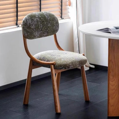 Traditional Vintage Curved Solid Wood Cotton-Linen Dining Chair Backrest Armless For Dining Room & Kitchen