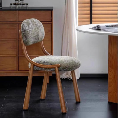 Traditional Vintage Curved Solid Wood Cotton-Linen Dining Chair Backrest Armless For Dining Room & Kitchen