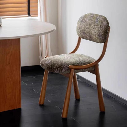 Traditional Vintage Curved Solid Wood Cotton-Linen Dining Chair Backrest Armless For Dining Room & Kitchen