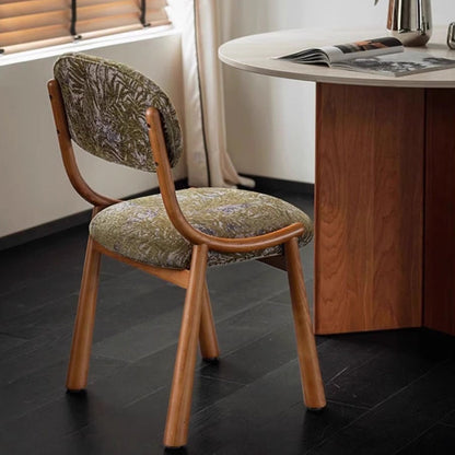 Traditional Vintage Curved Solid Wood Cotton-Linen Dining Chair Backrest Armless For Dining Room & Kitchen