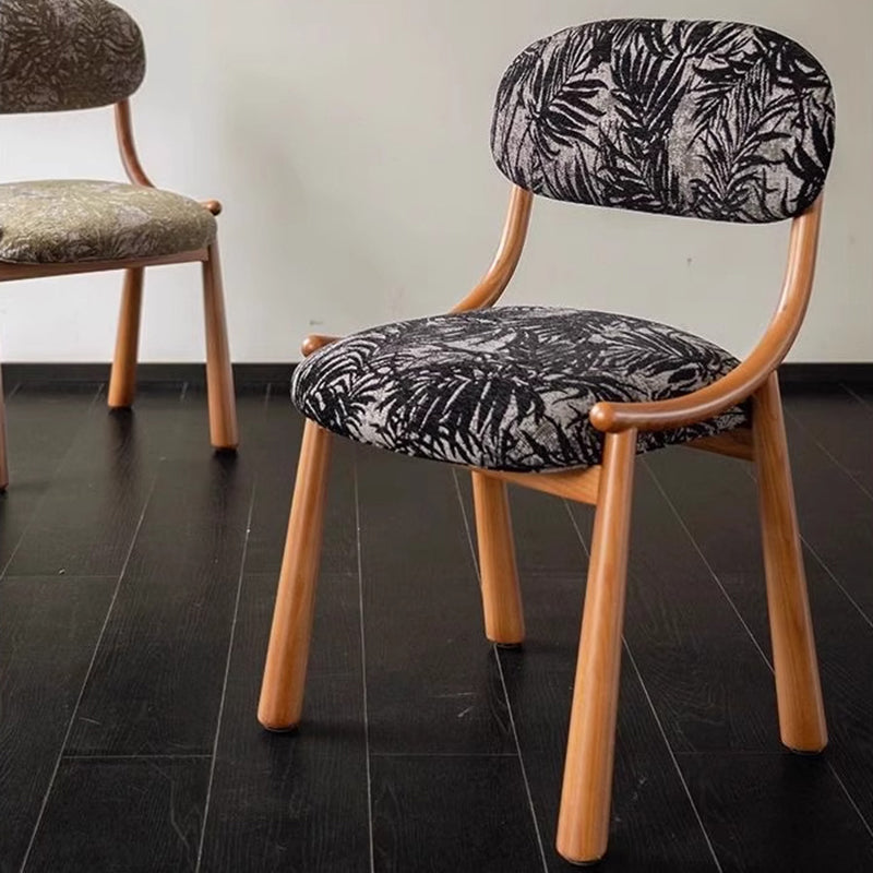 Traditional Vintage Curved Solid Wood Cotton-Linen Dining Chair Backrest Armless For Dining Room & Kitchen