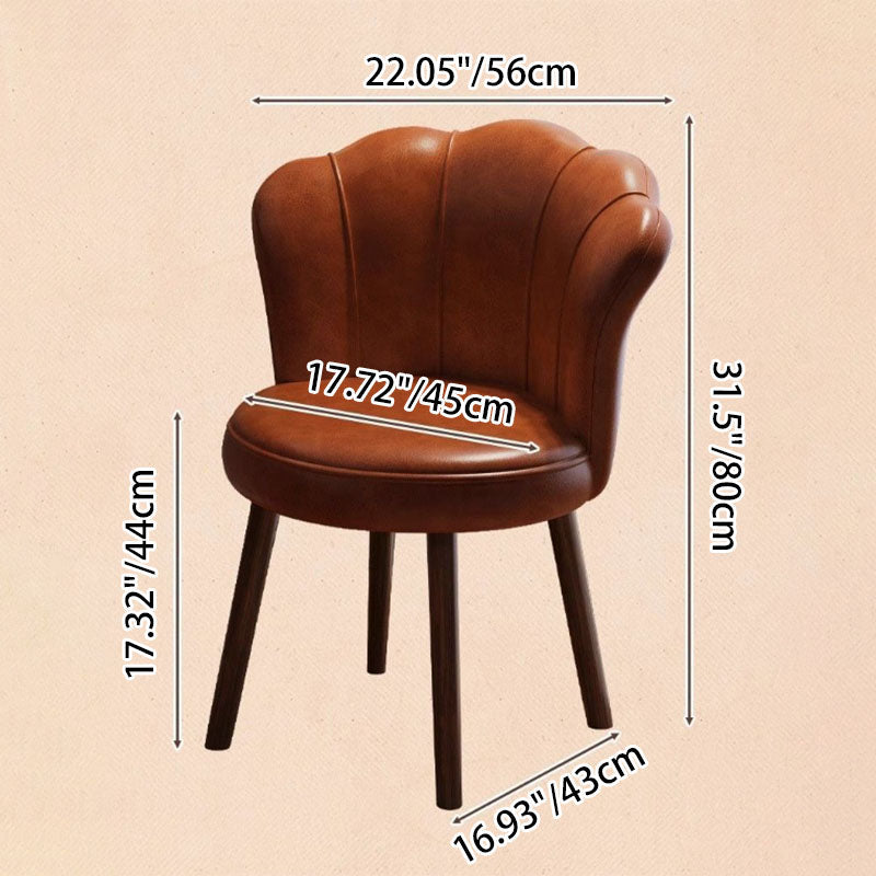 Traditional Vintage Petal-Shaped Faux Oil-Waxed Leather Solid Wood Vanity Stool Backrest Armless For Bedroom