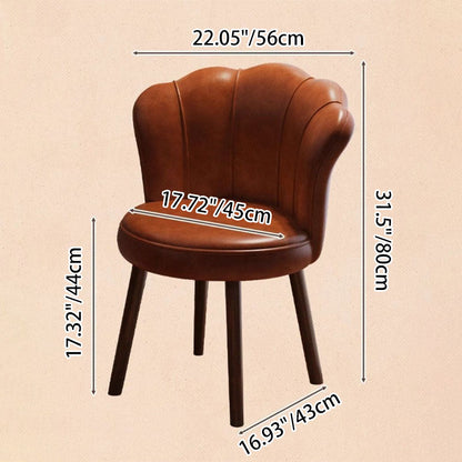 Traditional Vintage Petal-Shaped Faux Oil-Waxed Leather Solid Wood Vanity Stool Backrest Armless For Bedroom