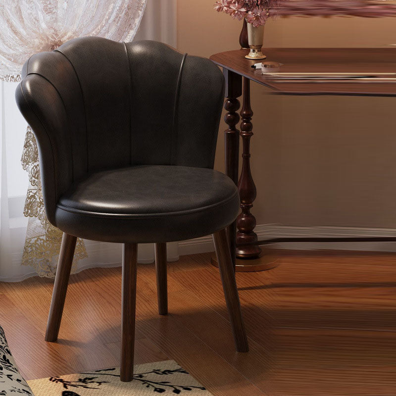 Traditional Vintage Petal-Shaped Faux Oil-Waxed Leather Solid Wood Vanity Stool Backrest Armless For Bedroom