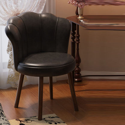 Traditional Vintage Petal-Shaped Faux Oil-Waxed Leather Solid Wood Vanity Stool Backrest Armless For Bedroom