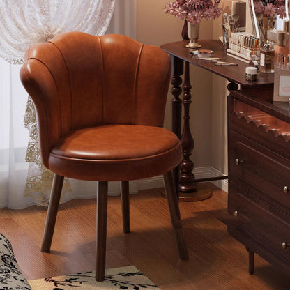 Traditional Vintage Petal-Shaped Faux Oil-Waxed Leather Solid Wood Vanity Stool Backrest Armless For Bedroom