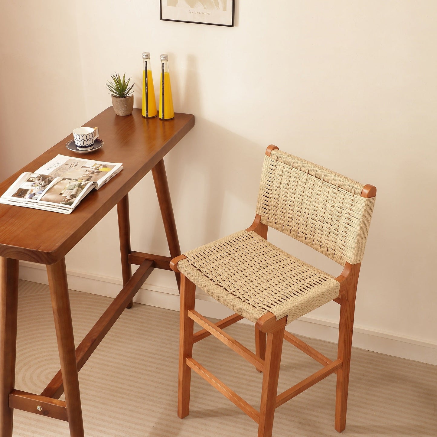 Traditional Japanese Rectangular Kraft Rope Solid Wood Bar Stool Backrest Armless For Dining Room & Kitchen