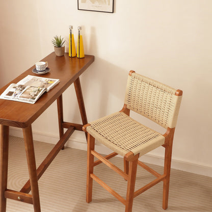 Traditional Japanese Rectangular Kraft Rope Solid Wood Bar Stool Backrest Armless For Dining Room & Kitchen