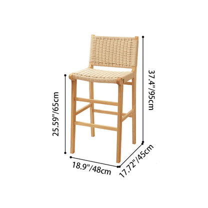 Traditional Japanese Rectangular Kraft Rope Solid Wood Bar Stool Backrest Armless For Dining Room & Kitchen
