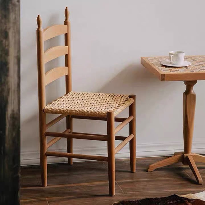 Traditional Japanese Rectangular Kraft Rope Rubberwood Dining Chair Backrest Armless For Dining Room & Kitchen
