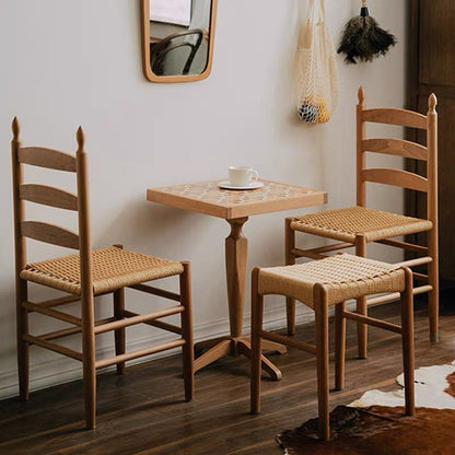 Traditional Japanese Rectangular Kraft Rope Rubberwood Dining Chair Backrest Armless For Dining Room & Kitchen