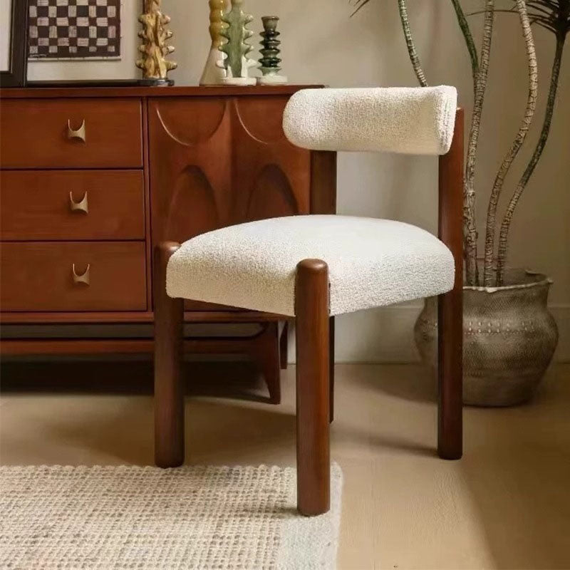 Traditional Vintage Rectangular Solid Wood Sherpa Fabric Cotton-Linen Dining Chair Backrest Armless For Dining Room & Kitchen