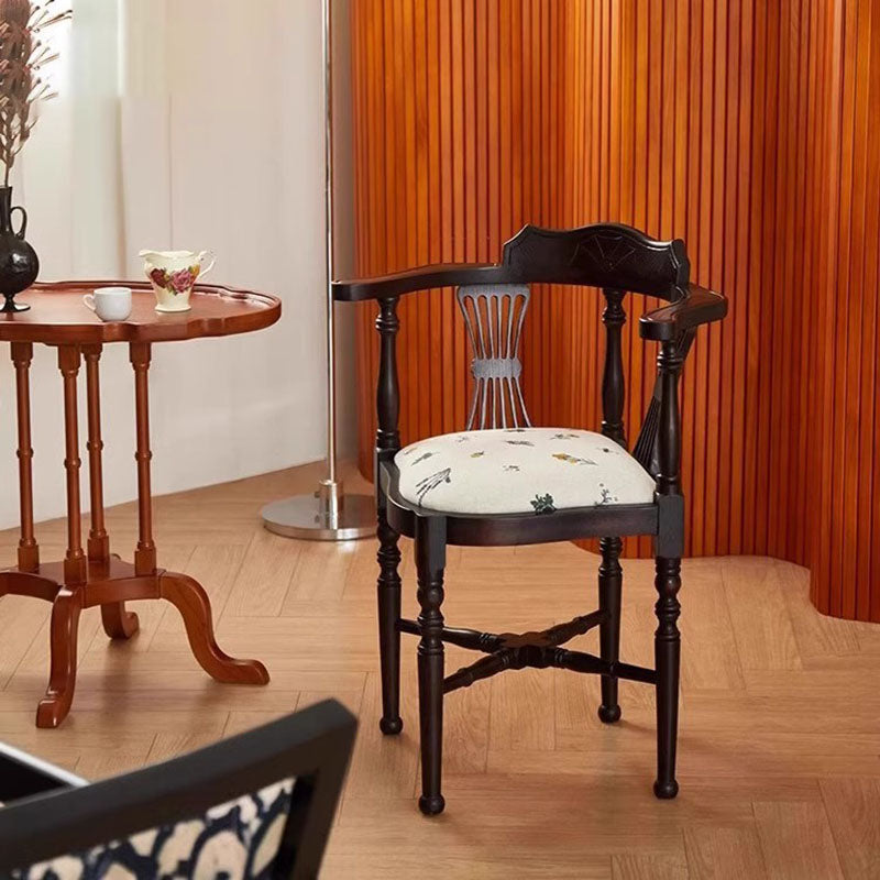 Traditional Chinese Curved Solid Wood Cotton-Linen Dining Chair Backrest Armrest For Dining Room & Kitchen