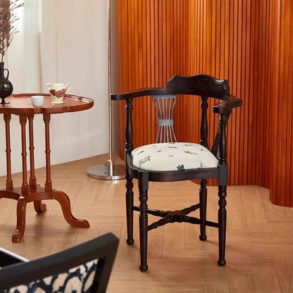 Traditional Chinese Curved Solid Wood Cotton-Linen Dining Chair Backrest Armrest For Dining Room & Kitchen