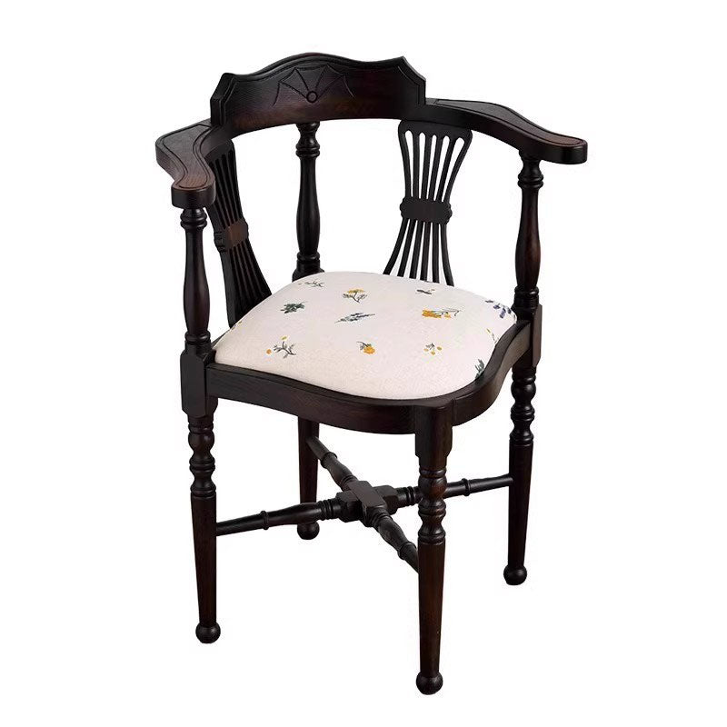 Traditional Chinese Curved Solid Wood Cotton-Linen Dining Chair Backrest Armrest For Dining Room & Kitchen