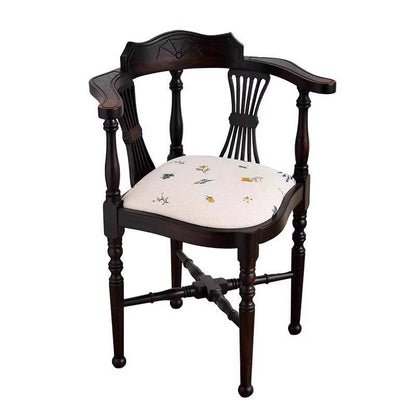 Traditional Chinese Curved Solid Wood Cotton-Linen Dining Chair Backrest Armrest For Dining Room & Kitchen