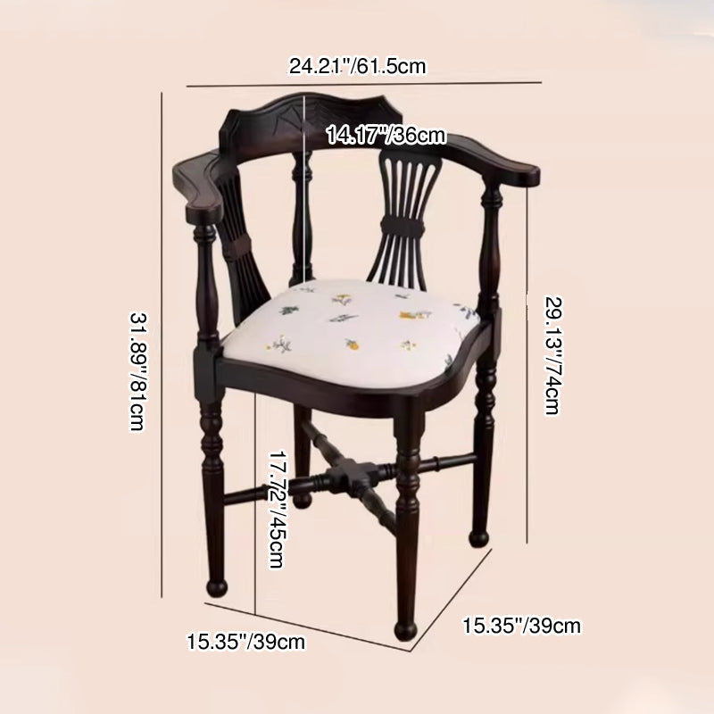 Traditional Chinese Curved Solid Wood Cotton-Linen Dining Chair Backrest Armrest For Dining Room & Kitchen