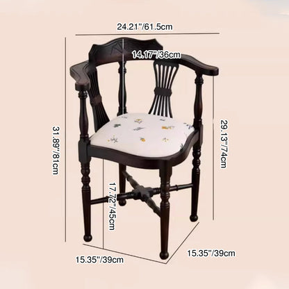 Traditional Chinese Curved Solid Wood Cotton-Linen Dining Chair Backrest Armrest For Dining Room & Kitchen