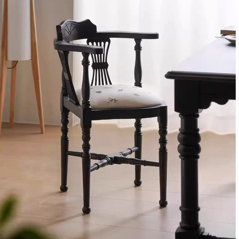 Traditional Chinese Curved Solid Wood Cotton-Linen Dining Chair Backrest Armrest For Dining Room & Kitchen