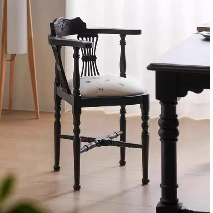 Traditional Chinese Curved Solid Wood Cotton-Linen Dining Chair Backrest Armrest For Dining Room & Kitchen