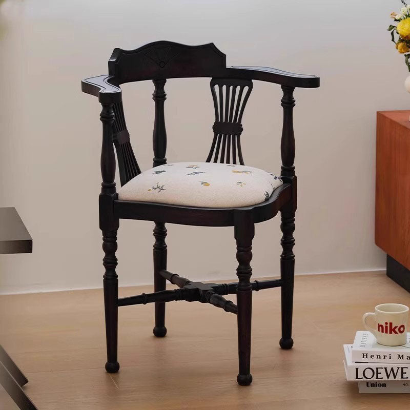 Traditional Chinese Curved Solid Wood Cotton-Linen Dining Chair Backrest Armrest For Dining Room & Kitchen