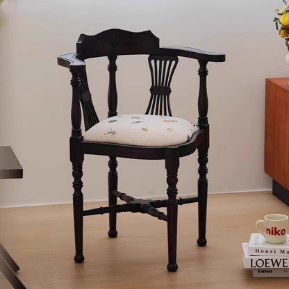 Traditional Chinese Curved Solid Wood Cotton-Linen Dining Chair Backrest Armrest For Dining Room & Kitchen