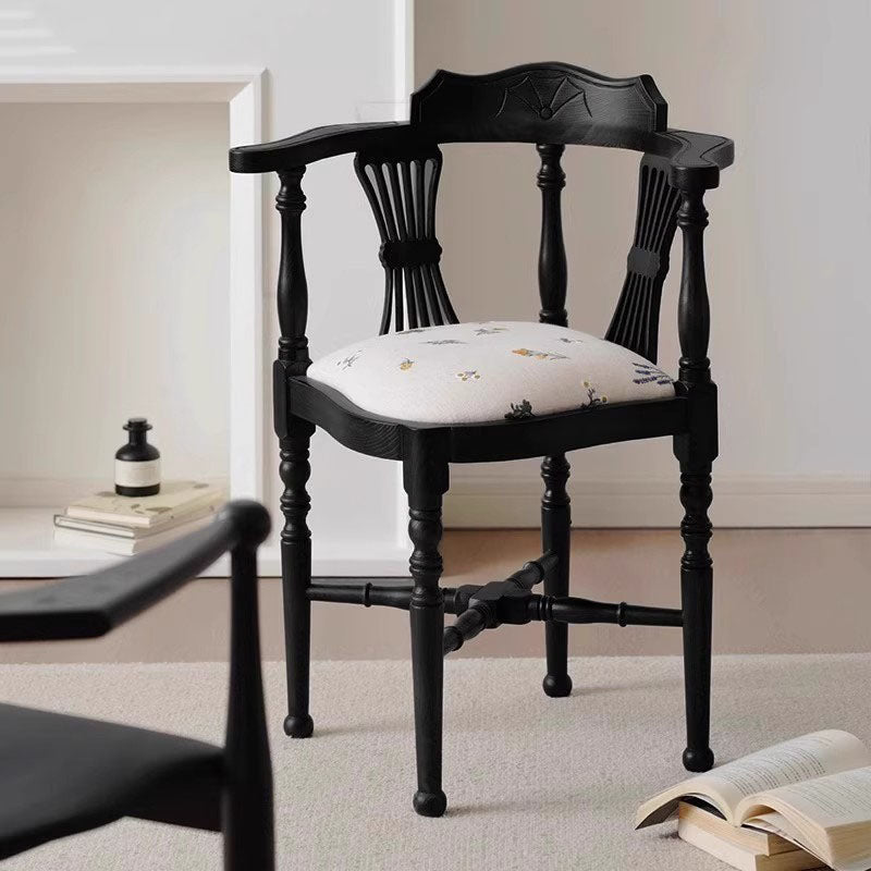 Traditional Chinese Curved Solid Wood Cotton-Linen Dining Chair Backrest Armrest For Dining Room & Kitchen