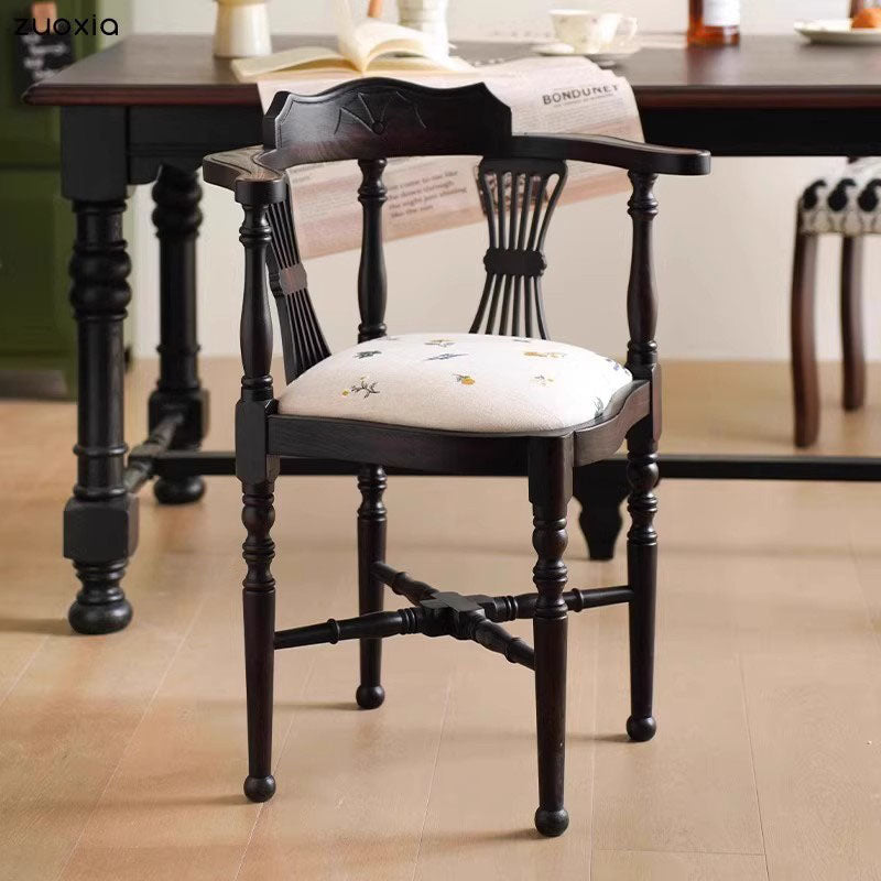 Traditional Chinese Curved Solid Wood Cotton-Linen Dining Chair Backrest Armrest For Dining Room & Kitchen