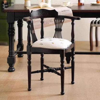 Traditional Chinese Curved Solid Wood Cotton-Linen Dining Chair Backrest Armrest For Dining Room & Kitchen