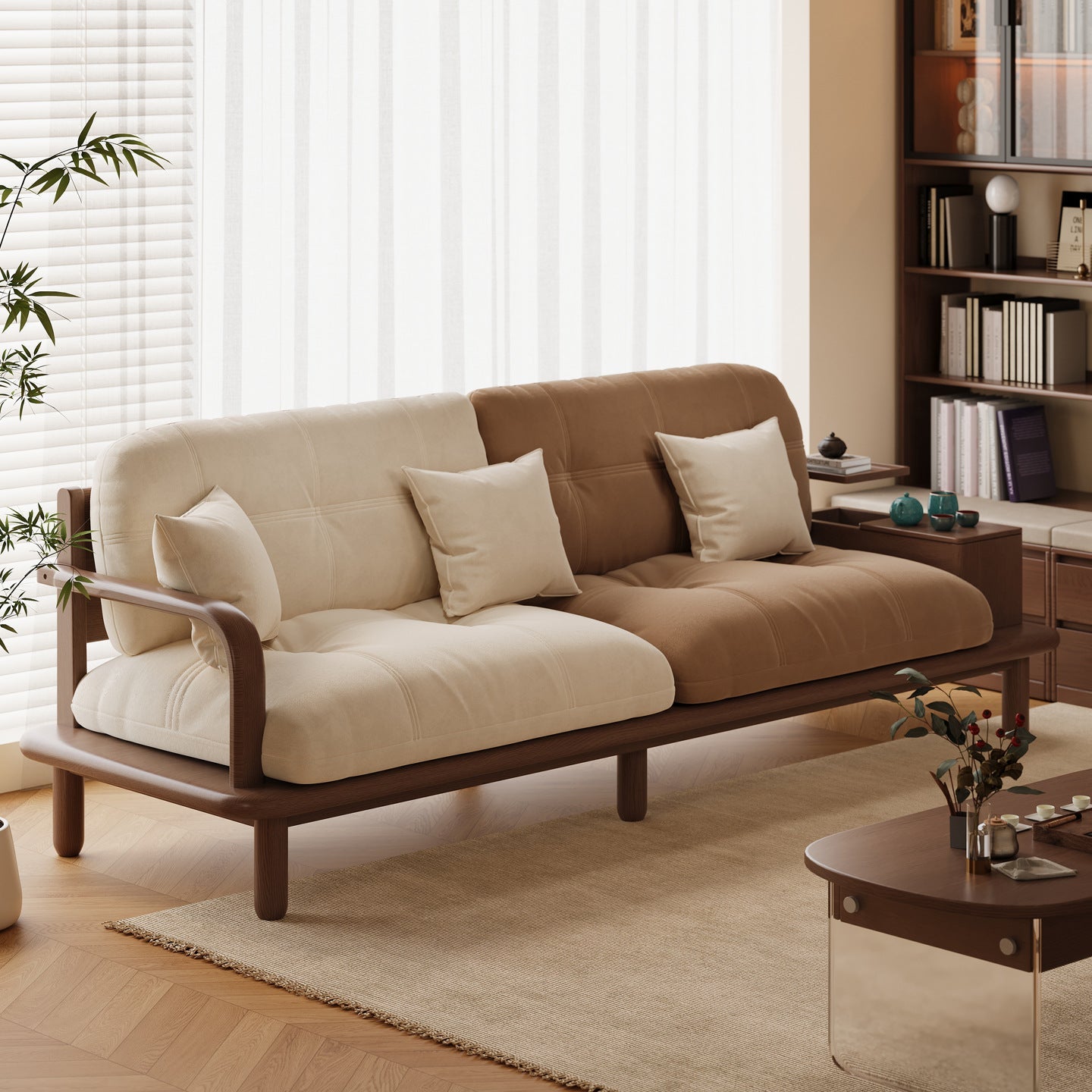 Contemporary Nordic Rectangular Velvet Solid Wood Sofa Backrest Armrest For Living Room