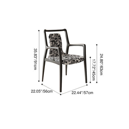 Traditional Chinese Solid Wood Jacquard Fabric Rectangular Dining Chair Backrest Armrest For Dining Room & Kitchen