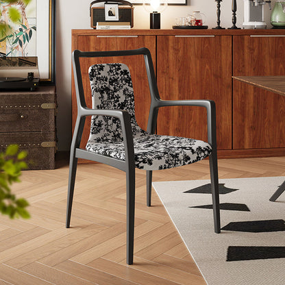 Traditional Chinese Solid Wood Jacquard Fabric Rectangular Dining Chair Backrest Armrest For Dining Room & Kitchen