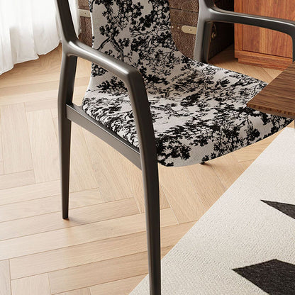 Traditional Chinese Solid Wood Jacquard Fabric Rectangular Dining Chair Backrest Armrest For Dining Room & Kitchen