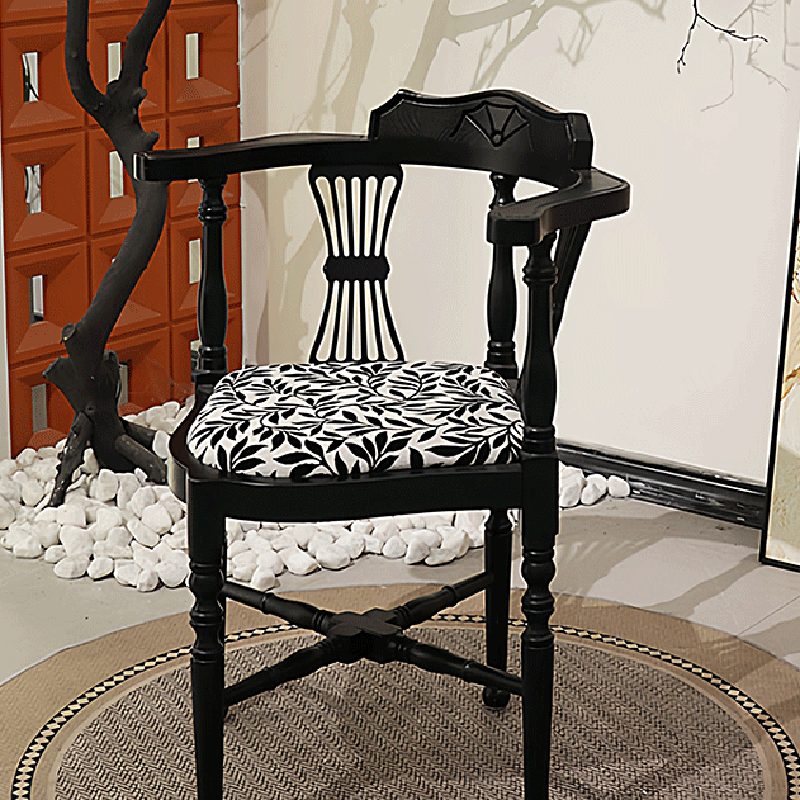 Traditional Chinese Curved Solid Wood Cotton-Linen Dining Chair Backrest Armrest For Dining Room & Kitchen