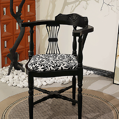 Traditional Chinese Curved Solid Wood Cotton-Linen Dining Chair Backrest Armrest For Dining Room & Kitchen