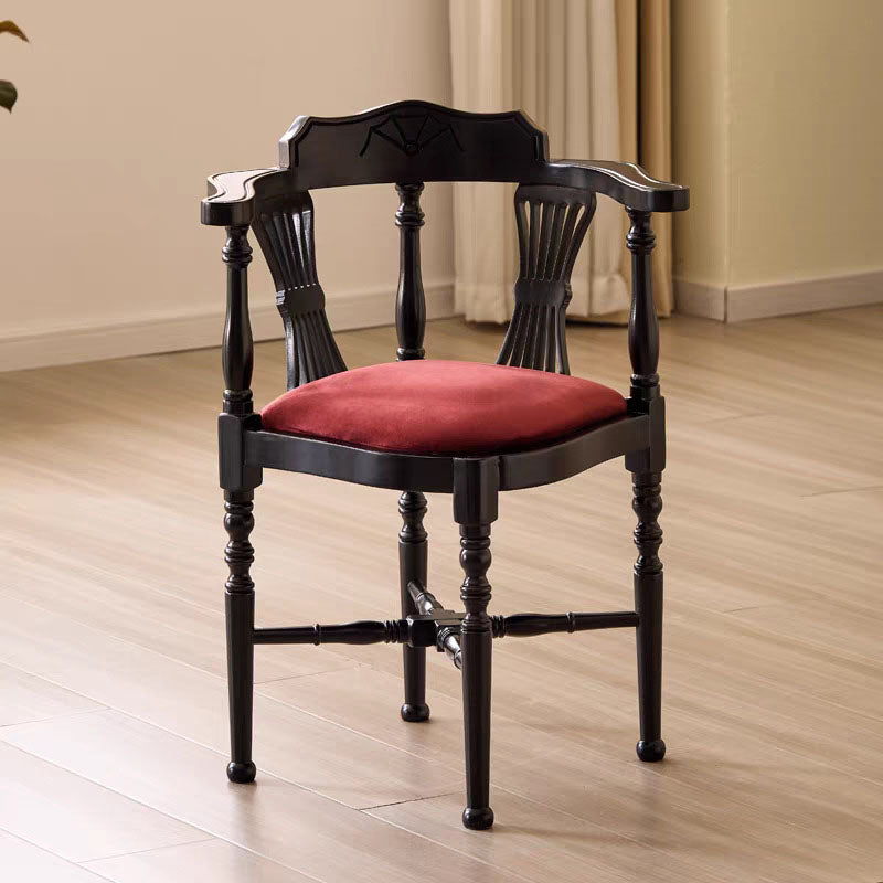Traditional Chinese Curved Solid Wood Cotton-Linen Dining Chair Backrest Armrest For Dining Room & Kitchen