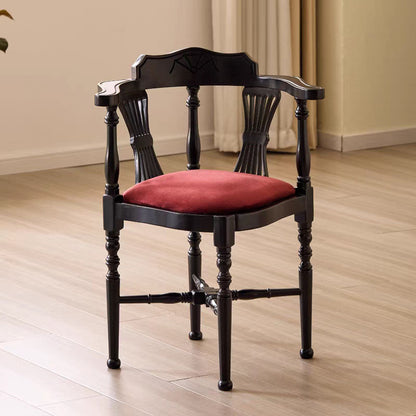 Traditional Chinese Curved Solid Wood Cotton-Linen Dining Chair Backrest Armrest For Dining Room & Kitchen