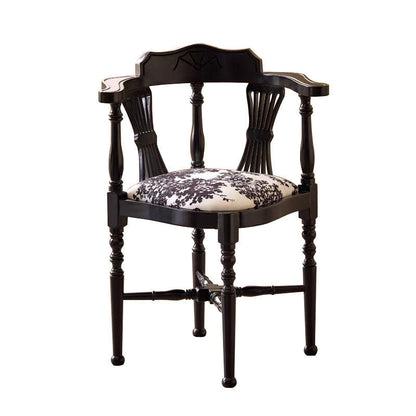 Traditional Chinese Curved Solid Wood Cotton-Linen Dining Chair Backrest Armrest For Dining Room & Kitchen