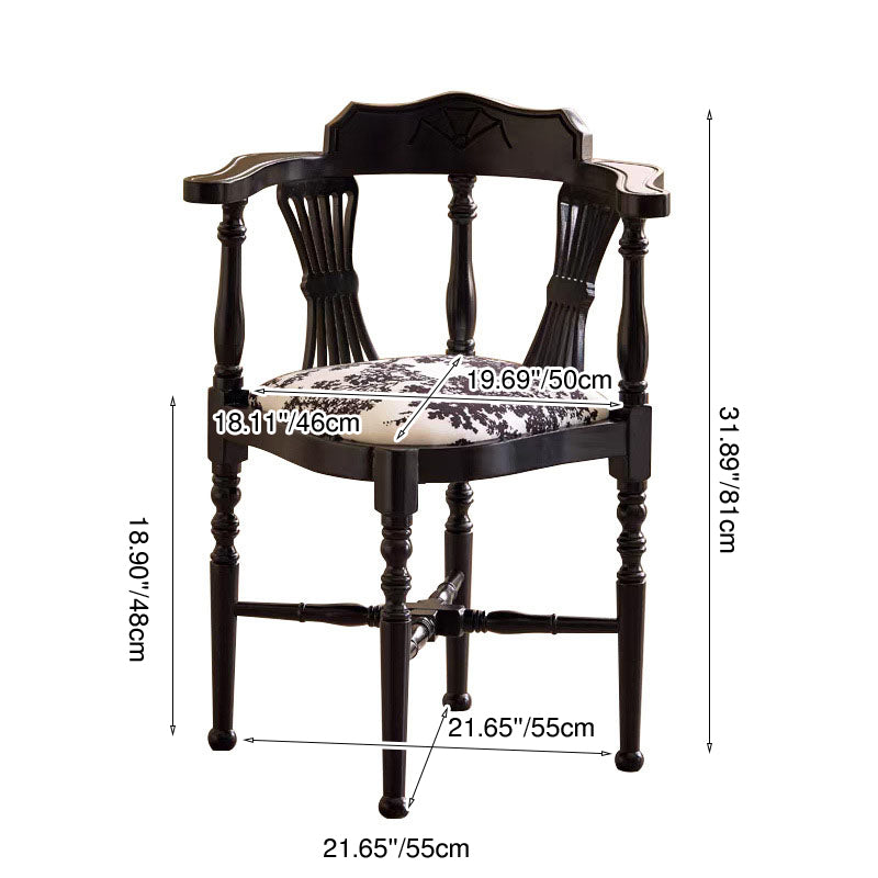 Traditional Chinese Curved Solid Wood Cotton-Linen Dining Chair Backrest Armrest For Dining Room & Kitchen