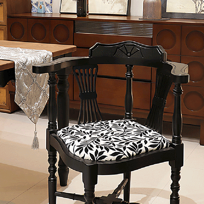 Traditional Chinese Curved Solid Wood Cotton-Linen Dining Chair Backrest Armrest For Dining Room & Kitchen